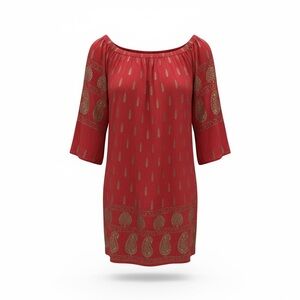 Red Off-Shoulder Mini Dress with Gold Paisley Accents